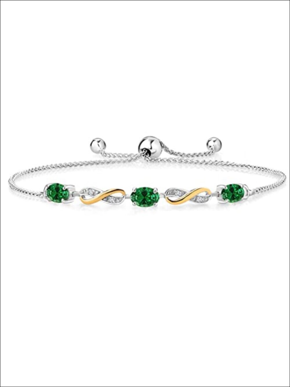 925 Silver 10K Yellow Gold Infinity Bracelet Oval Created Emerald Lab Grown